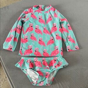 Flamingo Print Kids Rashguard Swim Set - rash guard with ruffle bottom 18-24